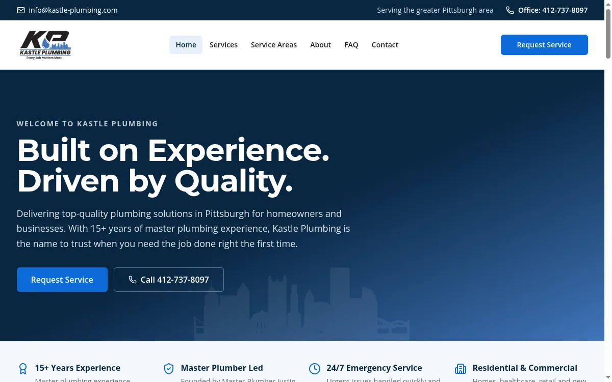 Kastle Plumbing home page, showing a navy hero over a Pittsburgh skyline silhouette with the "Built on Experience. Driven by Quality." strapline and a Request Service call to action.