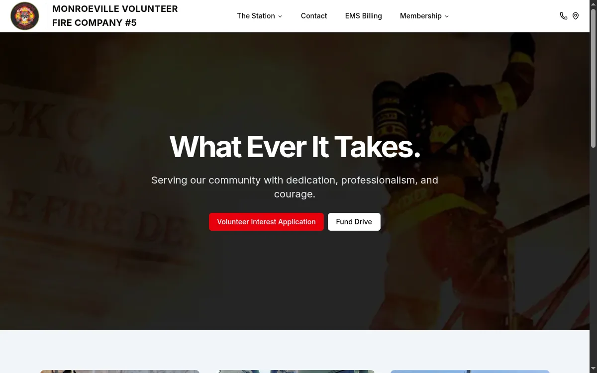Monroeville Volunteer Fire Company #5 home page, with the department crest and the "What Ever It Takes." strapline.