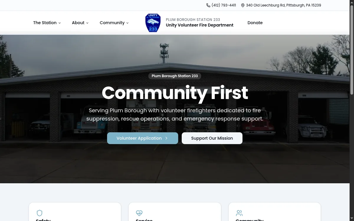 Unity Volunteer Fire Department Station 233 home page, showing a photograph of the station bay behind the "Community First" strapline with volunteer and donation calls to action.